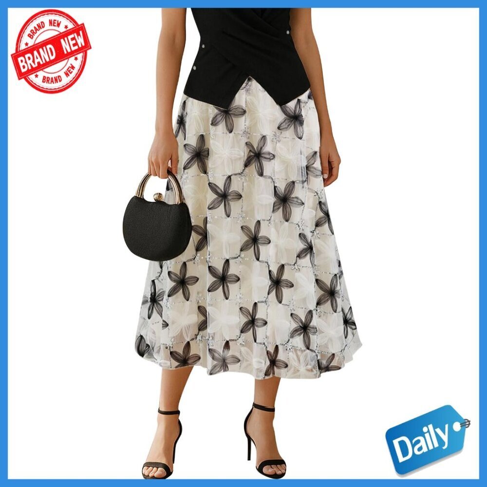 Floral Applique Sequin Mesh Tulle Skirt Elastic Waist Midi A-Line